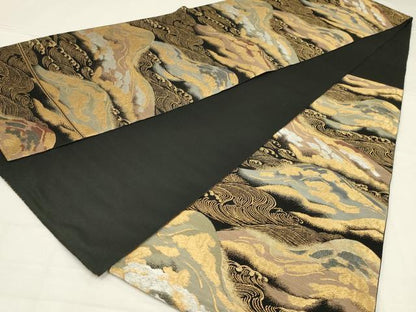 平和屋着物◎六通柄　本袋帯　遠山立波文　黒地　金銀糸　正絹　逸品　AABL7840ou