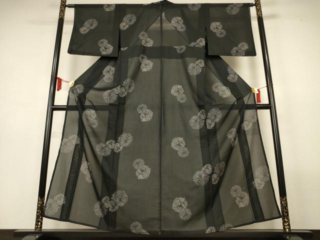 平和屋着物＊夏物　小紋　紗　草花丸文　黒地　洗える着物　AABL7854jd