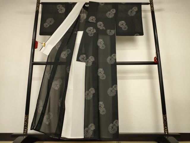 平和屋着物＊夏物　小紋　紗　草花丸文　黒地　洗える着物　AABL7854jd