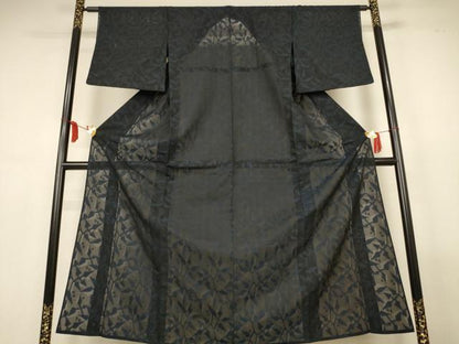 平和屋着物＊夏物　小紋　絽　風通織　枝葉文　黒地　正絹　逸品　AABL7865jd