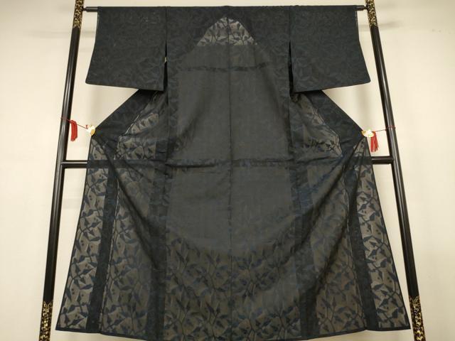 平和屋着物＊夏物　小紋　絽　風通織　枝葉文　黒地　正絹　逸品　AABL7865jd