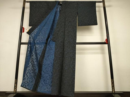 平和屋着物＊夏物　小紋　絽　風通織　枝葉文　黒地　正絹　逸品　AABL7865jd
