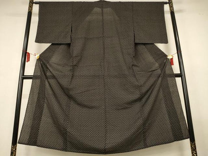 平和屋着物＊夏物　小紋　紗　絣柄　黒地　AABL7878jd