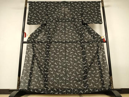 平和屋着物＊夏物　小紋　紗　馬　黒地　洗える着物　AABL7926jd