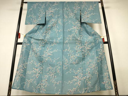 平和屋着物＊夏物　小紋　浴衣兼用　絹紅梅　枝花文　絹綿　AABL7935jd