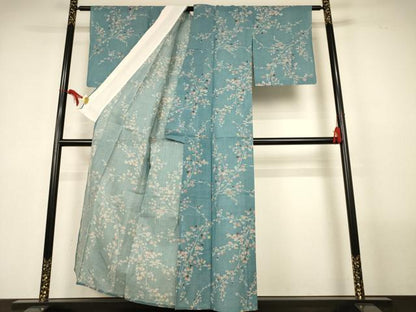 平和屋着物＊夏物　小紋　浴衣兼用　絹紅梅　枝花文　絹綿　AABL7935jd