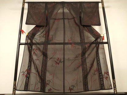 平和屋着物＊夏物　小紋　紗　枝葉文　正絹　逸品　AABL7937jd