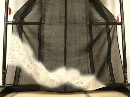 平和屋着物＊夏物　絹芭蕉　訪問着　鳥獣戯画　暈し染め　黒地　正絹　逸品　AABL7954jd