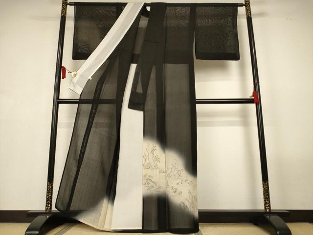 平和屋着物＊夏物　絹芭蕉　訪問着　鳥獣戯画　暈し染め　黒地　正絹　逸品　AABL7954jd