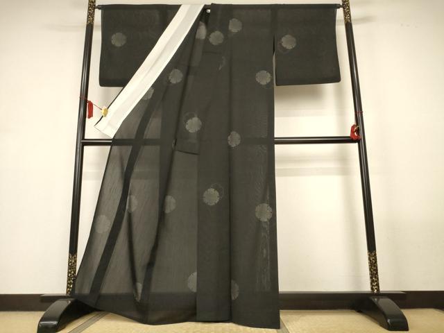 平和屋着物＊夏物　結城紬　夏結城　100亀甲　飛び亀甲柄　雪輪文　黒地　正絹　逸品　AABL7956jd