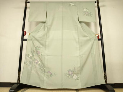 平和屋着物＊夏物　訪問着　絽　手描き　草花文　銀彩　正絹　逸品　AABL7988jd