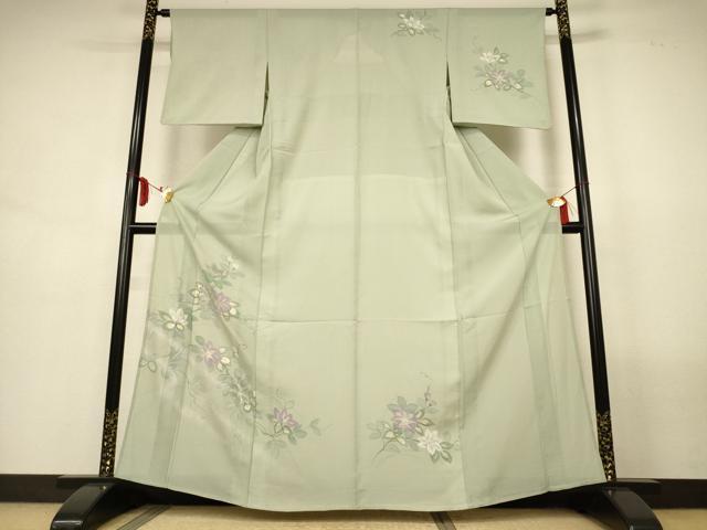 平和屋着物＊夏物　訪問着　絽　手描き　草花文　銀彩　正絹　逸品　AABL7988jd