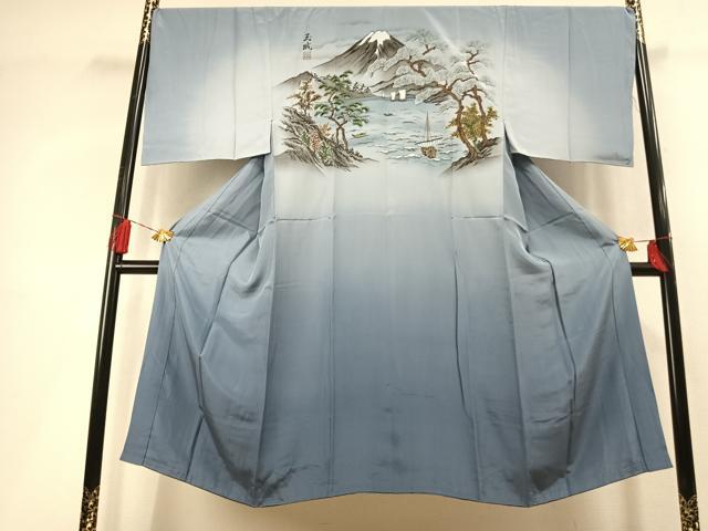 平和屋着物●男性　長襦袢　袷　手描き　富士山　枝松文　暈し染め　金彩　正絹　逸品　AABL8077fy