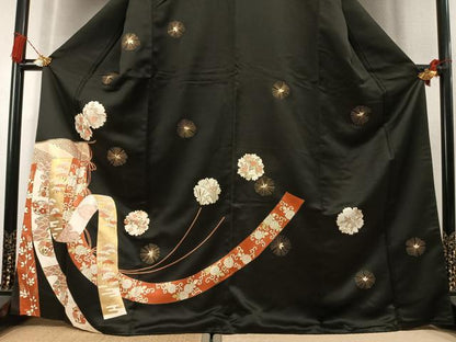 平和屋着物●訪問着　熨斗花文　黒地　金彩　正絹　逸品　AABL8102fy