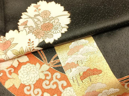 平和屋着物●訪問着　熨斗花文　黒地　金彩　正絹　逸品　AABL8102fy