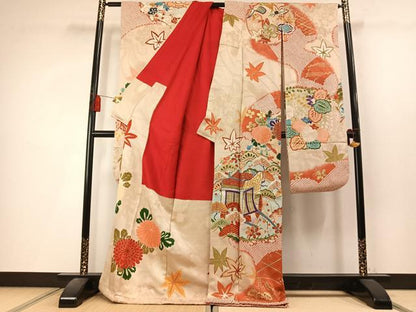 平和屋本店●アンティーク　大正ロマン　振袖　駒刺繍　御所車花鳥文　金彩　正絹　逸品　AABL8128fy