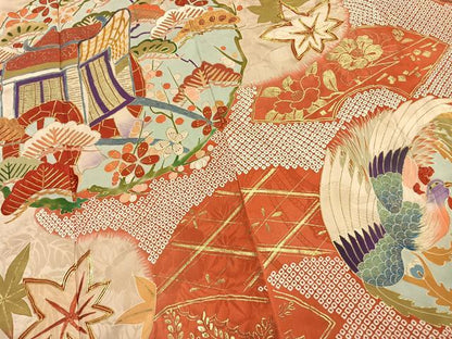 平和屋本店●アンティーク　大正ロマン　振袖　駒刺繍　御所車花鳥文　金彩　正絹　逸品　AABL8128fy