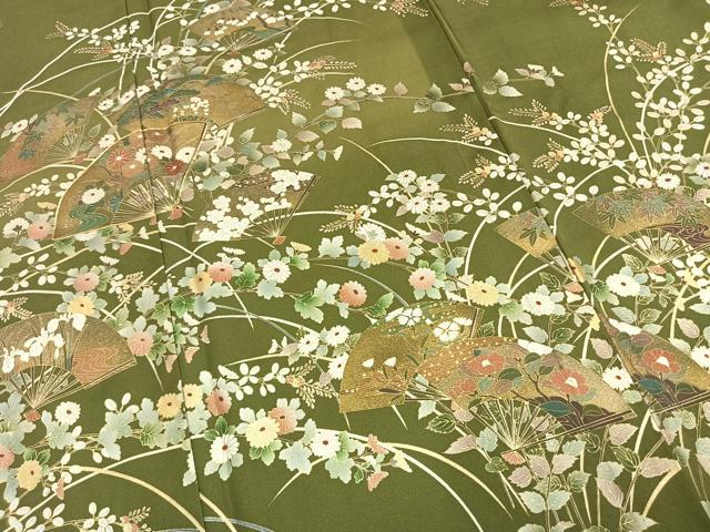 平和屋着物●訪問着　駒刺繍　扇面花文　金彩　正絹　逸品　未使用　AABL8137fy