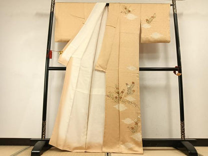 平和屋着物●訪問着　絞り　刺繍　草花文　金彩　正絹　逸品　AABL8151fy