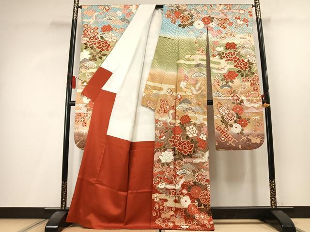 平和屋着物●豪華振袖　駒刺繍　花鳥文　暈し染め　金彩　正絹　逸品　AABL8165fy