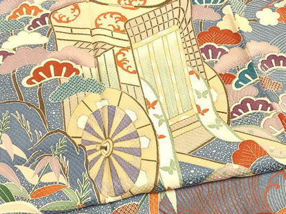 平和屋着物●豪華振袖　刺繍　松竹梅　御所車舞蝶文　金彩　正絹　逸品　AABL8166fy