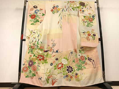 平和屋本店●アンティーク　大正ロマン　振袖　駒刺繍　草花文　金糸　金彩　正絹　逸品　AABL8181fy