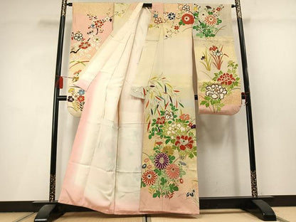 平和屋本店●アンティーク　大正ロマン　振袖　駒刺繍　草花文　金糸　金彩　正絹　逸品　AABL8181fy