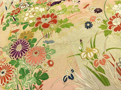 平和屋本店●アンティーク　大正ロマン　振袖　駒刺繍　草花文　金糸　金彩　正絹　逸品　AABL8181fy