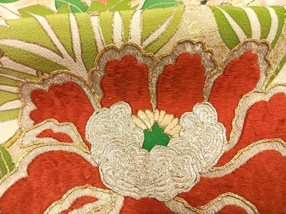 平和屋本店●アンティーク　大正ロマン　振袖　駒刺繍　草花文　金糸　金彩　正絹　逸品　AABL8181fy