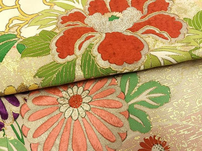 平和屋本店●アンティーク　大正ロマン　振袖　駒刺繍　草花文　金糸　金彩　正絹　逸品　AABL8181fy