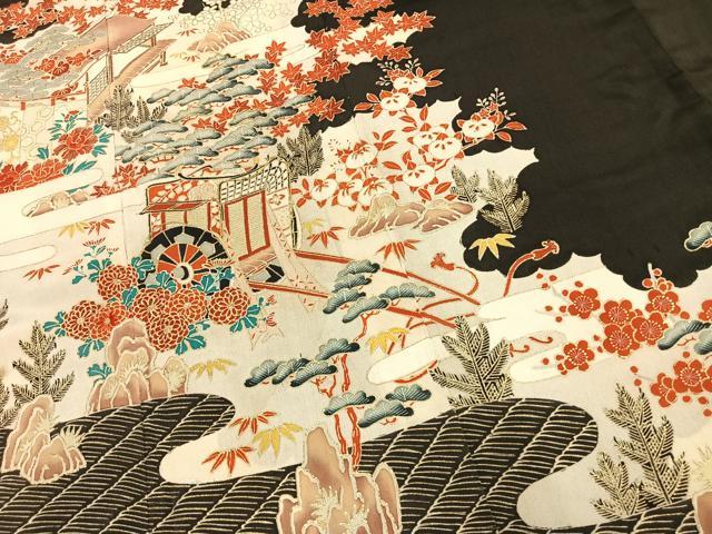 平和屋着物●セミアンティーク　黒留袖　駒刺繍　御所車花文　金彩　正絹　逸品　AABL8186fy