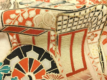 平和屋着物●セミアンティーク　黒留袖　駒刺繍　御所車花文　金彩　正絹　逸品　AABL8186fy