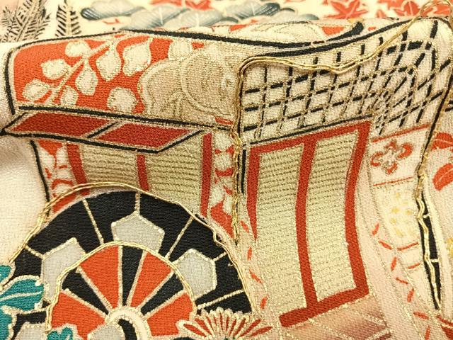 平和屋着物●セミアンティーク　黒留袖　駒刺繍　御所車花文　金彩　正絹　逸品　AABL8186fy