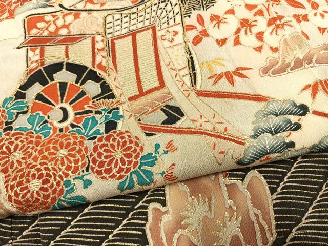 平和屋着物●セミアンティーク　黒留袖　駒刺繍　御所車花文　金彩　正絹　逸品　AABL8186fy