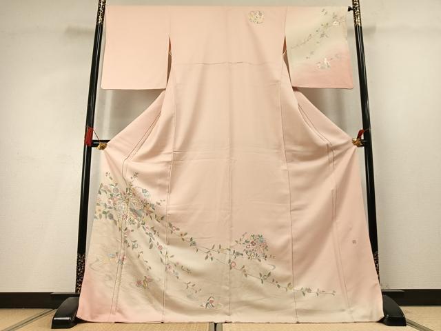 平和屋着物●中国三大刺繍 スワトウ刺繍 汕頭刺繍 蘇州刺繍 総刺繍 訪問着 花鳥文 暈し染め ロング丈 正絹 逸品 AABL8190fy