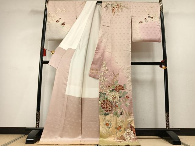 平和屋着物●十七代京屋林蔵　訪問着　駒刺繍　草花文　暈し染め　金糸　金彩　ロング丈　正絹　逸品　AABL8194fy