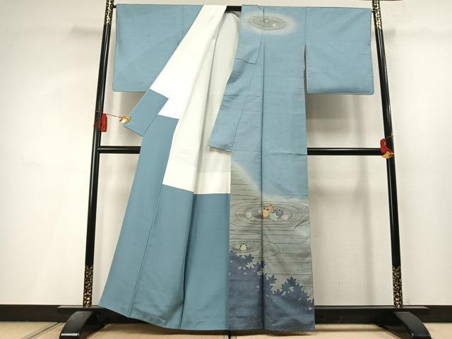 平和屋着物●石川県指定無形文化財　牛首紬　白山工房　手織り　訪問着　舞葉文　シルエット　正絹　逸品　AABL8219fy