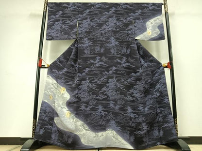 平和屋着物●訪問着　刺繍　風景花文　暈し染め　金糸　金彩　正絹　逸品　AABL8222fy