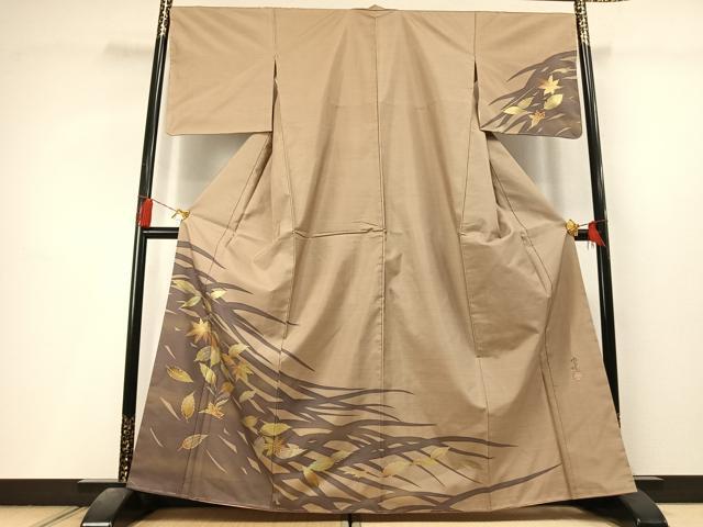 平和屋着物●本場縞大島紬　訪問着　作家物　舞葉文　金銀彩　正絹　逸品　未使用　AABL8224fy