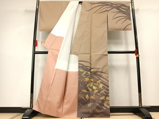 平和屋着物●本場縞大島紬　訪問着　作家物　舞葉文　金銀彩　正絹　逸品　未使用　AABL8224fy