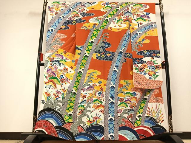 平和屋着物●豪華振袖　紅型　花鳥文　金彩　正絹　逸品　AABL8232fy