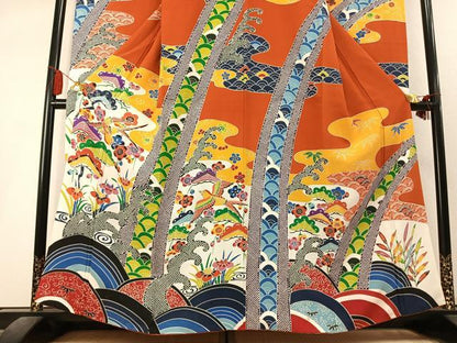 平和屋着物●豪華振袖　紅型　花鳥文　金彩　正絹　逸品　AABL8232fy