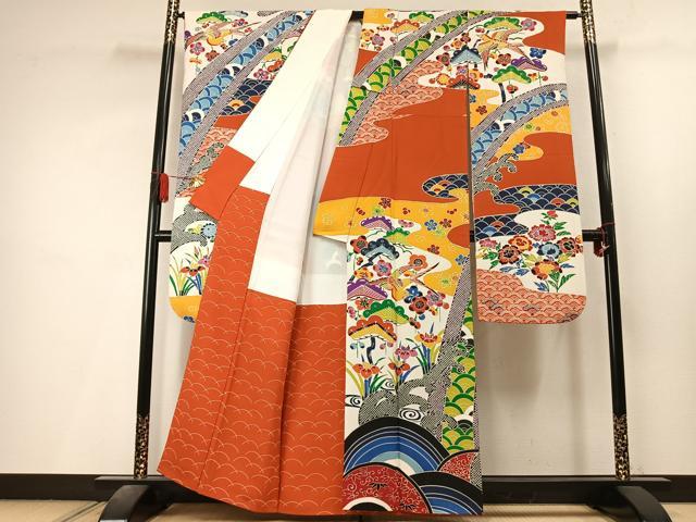 平和屋着物●豪華振袖　紅型　花鳥文　金彩　正絹　逸品　AABL8232fy