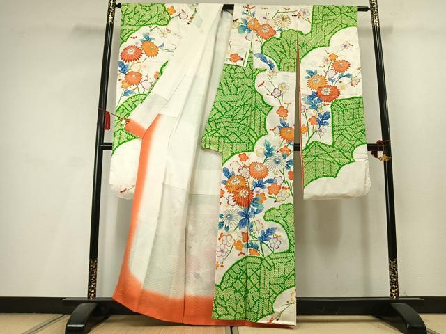 平和屋着物●豪華振袖　絞り　駒刺繍　枝花文　金彩　正絹　逸品　AABL8234fy