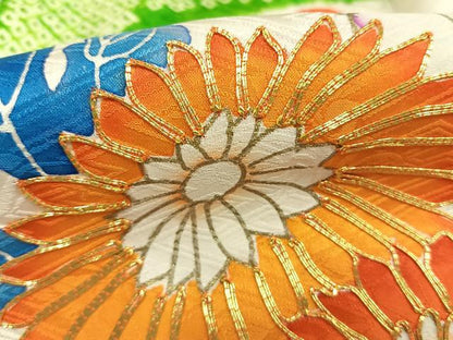平和屋着物●豪華振袖　絞り　駒刺繍　枝花文　金彩　正絹　逸品　AABL8234fy