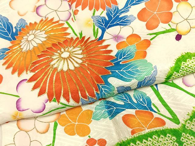 平和屋着物●豪華振袖　絞り　駒刺繍　枝花文　金彩　正絹　逸品　AABL8234fy