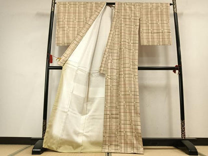 平和屋着物●上質な紬　本草木染　格子　吉田芳一作　証紙付き　正絹　逸品　AABL8235fy