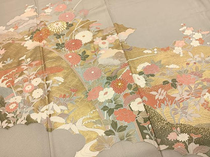 平和屋着物●豪華色留袖　駒刺繍　草花文　金彩　正絹　逸品　AABL8250fy