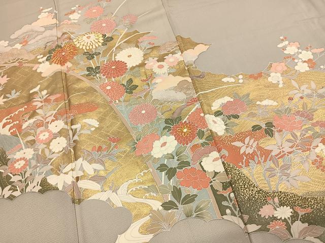 平和屋着物●豪華色留袖　駒刺繍　草花文　金彩　正絹　逸品　AABL8250fy