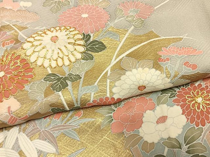 平和屋着物●豪華色留袖　駒刺繍　草花文　金彩　正絹　逸品　AABL8250fy